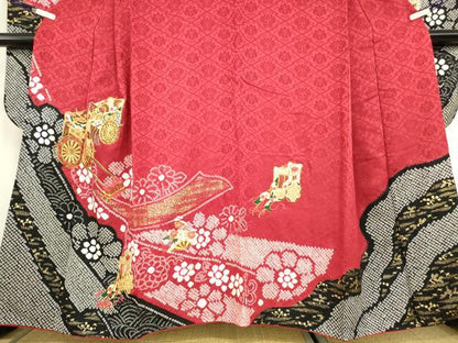 平和屋着物●豪華振袖　駒刺繍　絞り　御所車花文　金彩　ますいわ屋扱い　正絹　逸品　DABC3417az