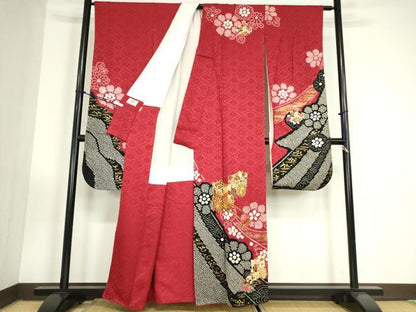 平和屋着物●豪華振袖　駒刺繍　絞り　御所車花文　金彩　ますいわ屋扱い　正絹　逸品　DABC3417az