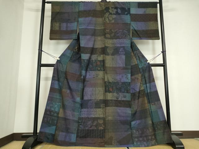 平和屋着物●小千谷紬　百柄　横段陶器花文　正絹　逸品　DABC3420az