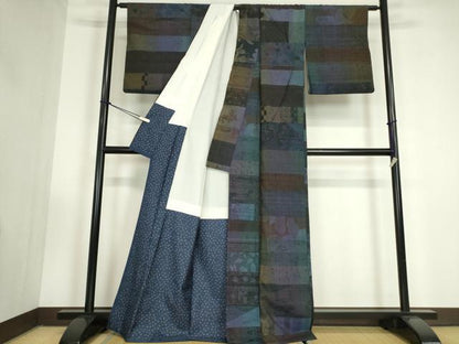 平和屋着物●小千谷紬　百柄　横段陶器花文　正絹　逸品　DABC3420az