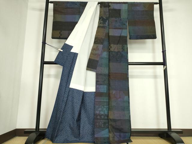 平和屋着物●小千谷紬　百柄　横段陶器花文　正絹　逸品　DABC3420az