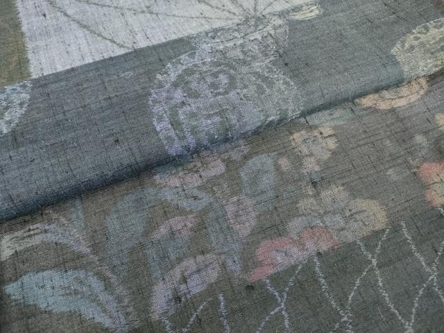 平和屋着物●小千谷紬　百柄　横段陶器花文　正絹　逸品　DABC3420az