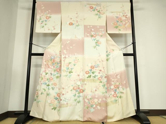 平和屋着物●訪問着　駒刺繍　市松舞蝶花文　暈し染め　金彩　正絹　逸品　DABC3425az