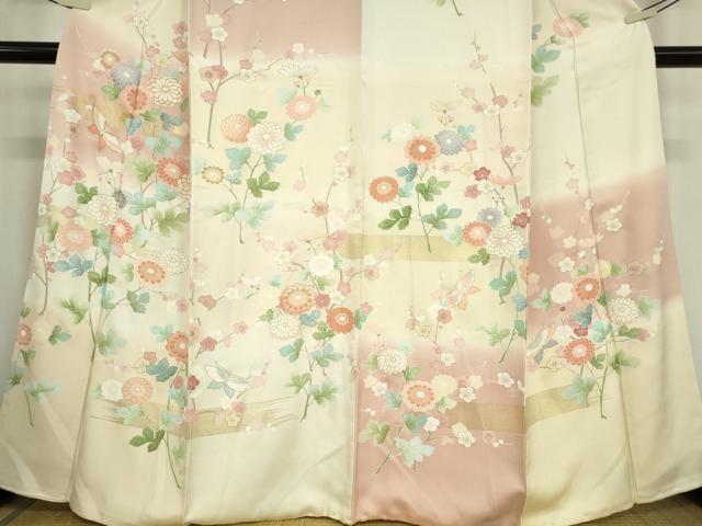 平和屋着物●訪問着　駒刺繍　市松舞蝶花文　暈し染め　金彩　正絹　逸品　DABC3425az 平和屋着物○訪問着 駒刺繍 市松舞蝶花文 暈し染め 金彩 正絹 逸品