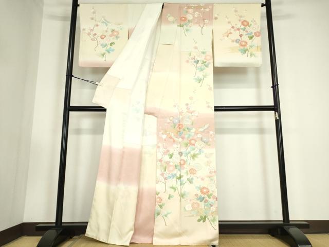 平和屋着物●訪問着　駒刺繍　市松舞蝶花文　暈し染め　金彩　正絹　逸品　DABC3425az