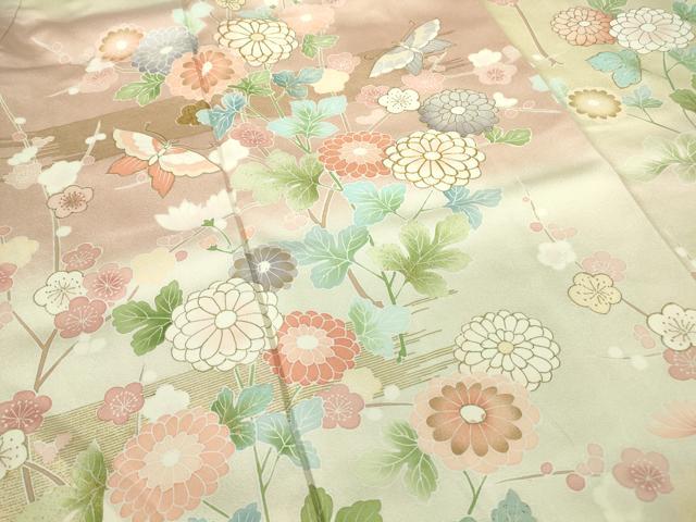 平和屋着物●訪問着　駒刺繍　市松舞蝶花文　暈し染め　金彩　正絹　逸品　DABC3425az