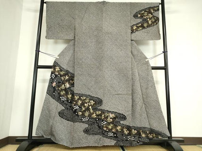 平和屋着物●訪問着　刺繍　総絞り　流水花文　黒地　金銀彩　正絹　逸品　DABC3428az