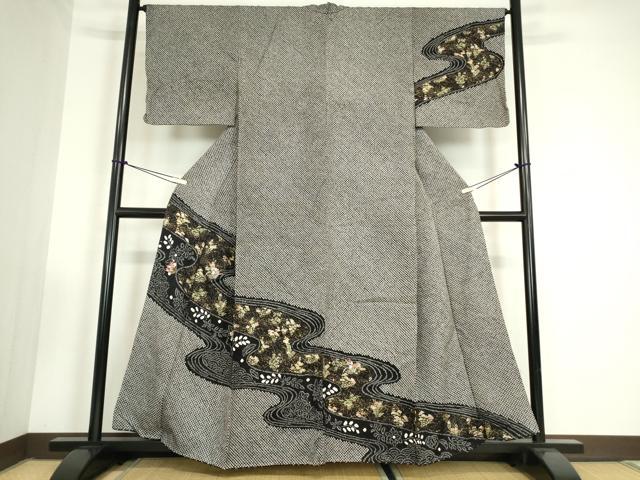 平和屋着物●訪問着　刺繍　総絞り　流水花文　黒地　金銀彩　正絹　逸品　DABC3428az