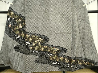 平和屋着物●訪問着　刺繍　総絞り　流水花文　黒地　金銀彩　正絹　逸品　DABC3428az