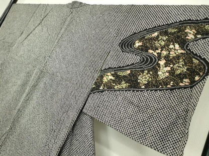 平和屋着物●訪問着　刺繍　総絞り　流水花文　黒地　金銀彩　正絹　逸品　DABC3428az