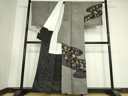平和屋着物●訪問着　刺繍　総絞り　流水花文　黒地　金銀彩　正絹　逸品　DABC3428az