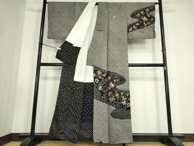 平和屋着物●訪問着　刺繍　総絞り　流水花文　黒地　金銀彩　正絹　逸品　DABC3428az