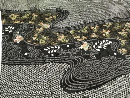 平和屋着物●訪問着　刺繍　総絞り　流水花文　黒地　金銀彩　正絹　逸品　DABC3428az