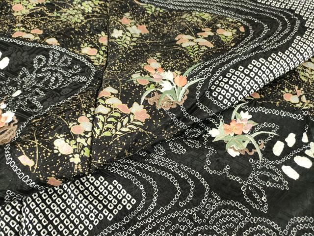 平和屋着物●訪問着　刺繍　総絞り　流水花文　黒地　金銀彩　正絹　逸品　DABC3428az