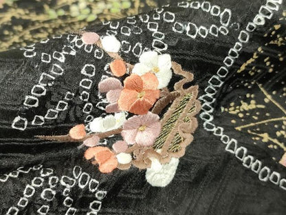 平和屋着物●訪問着　刺繍　総絞り　流水花文　黒地　金銀彩　正絹　逸品　DABC3428az