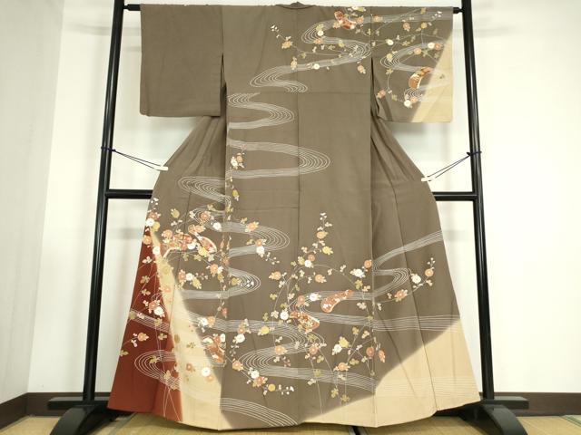 平和屋着物●訪問着　胴抜き仕立て　駒刺繍　流水花文　暈し染め　金彩　正絹　逸品　DABC3431az