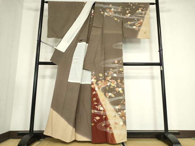 平和屋着物●訪問着　胴抜き仕立て　駒刺繍　流水花文　暈し染め　金彩　正絹　逸品　DABC3431az