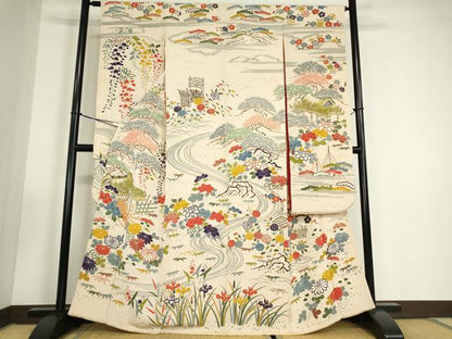 平和屋着物●豪華振袖　茶屋辻風景花文　型染　鬼しぼ縮緬　正絹　逸品　DABC3435az