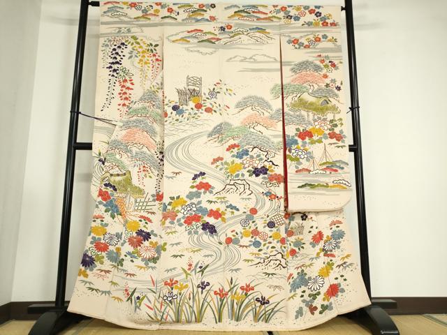 平和屋着物●豪華振袖　茶屋辻風景花文　型染　鬼しぼ縮緬　正絹　逸品　DABC3435az