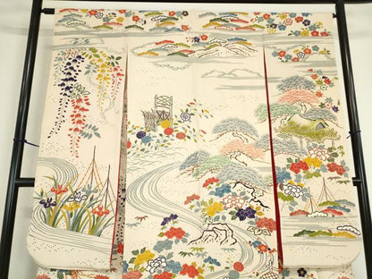 平和屋着物●豪華振袖　茶屋辻風景花文　型染　鬼しぼ縮緬　正絹　逸品　DABC3435az