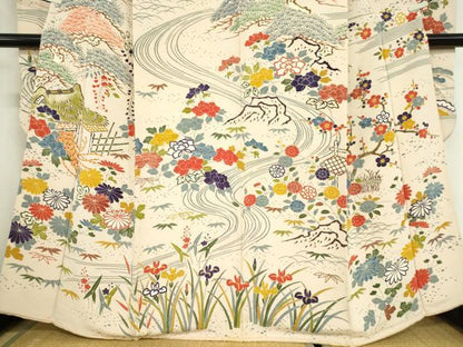平和屋着物●豪華振袖　茶屋辻風景花文　型染　鬼しぼ縮緬　正絹　逸品　DABC3435az