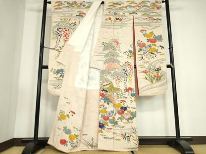 平和屋着物●豪華振袖　茶屋辻風景花文　型染　鬼しぼ縮緬　正絹　逸品　DABC3435az