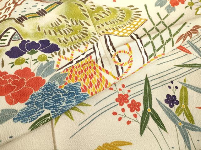 平和屋着物●豪華振袖　茶屋辻風景花文　型染　鬼しぼ縮緬　正絹　逸品　DABC3435az
