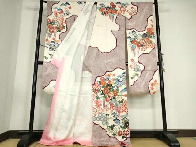 平和屋着物●豪華振袖　駒刺繍　霞取り吉祥花文　金彩　正絹　逸品　DABC3437az