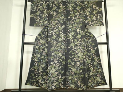 平和屋着物●上質な小紋　草花文　黒地　正絹　逸品　未使用　DABC3438az