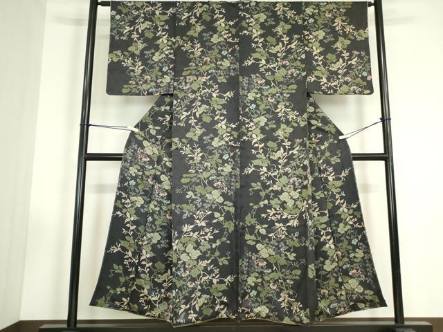 平和屋着物●上質な小紋　草花文　黒地　正絹　逸品　未使用　DABC3438az