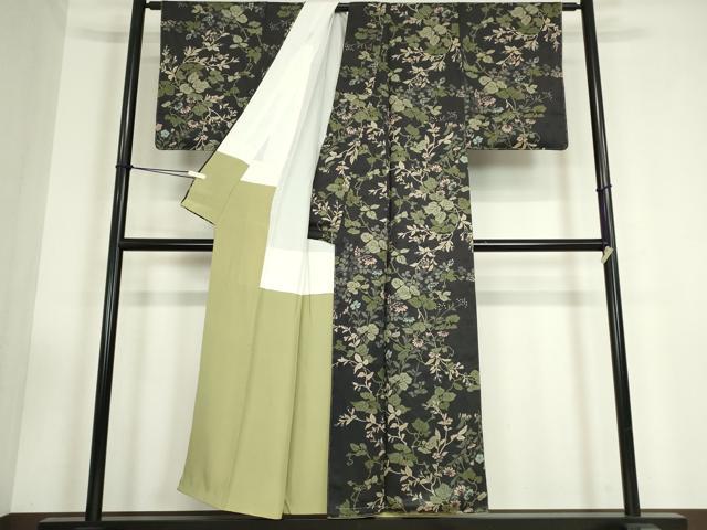 平和屋着物●上質な小紋　草花文　黒地　正絹　逸品　未使用　DABC3438az