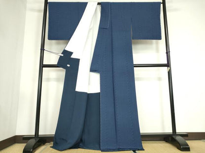 平和屋着物●阿波藍伝統工芸　金子正　小紋　藍　花唐草間道　正絹　逸品　未使用　DABC3442az