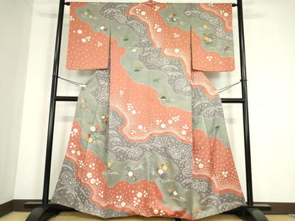 平和屋着物●訪問着　刺繍　絞り　道長花文　金糸　正絹　逸品　DABC3453az
