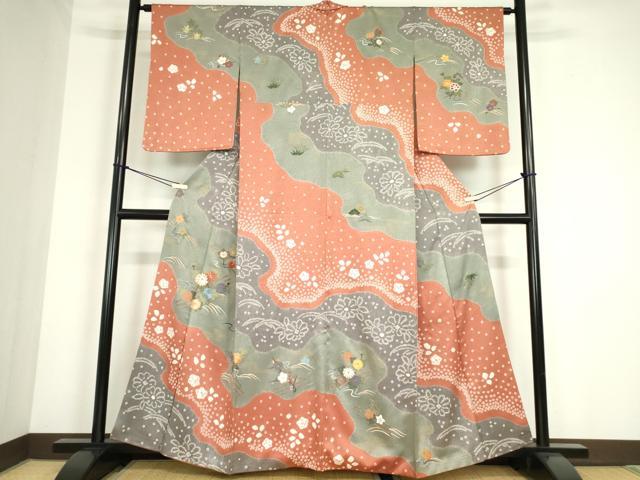 平和屋着物●訪問着　刺繍　絞り　道長花文　金糸　正絹　逸品　DABC3453az