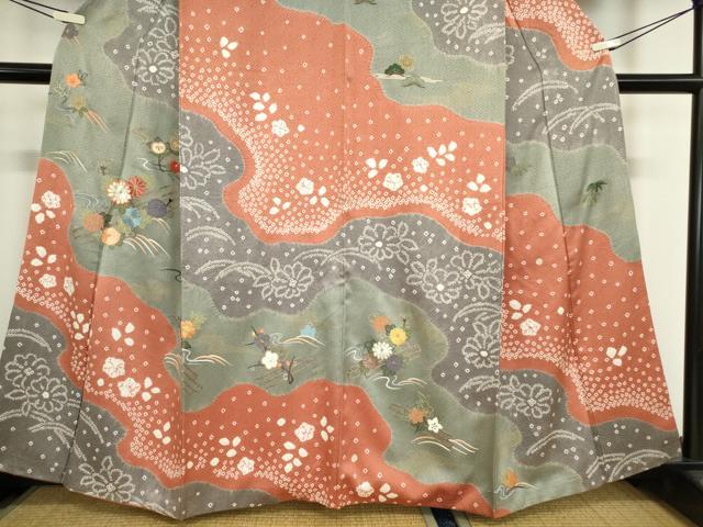 平和屋着物●訪問着　刺繍　絞り　道長花文　金糸　正絹　逸品　DABC3453az