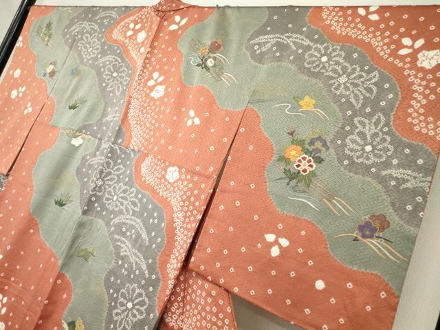 平和屋着物●訪問着　刺繍　絞り　道長花文　金糸　正絹　逸品　DABC3453az