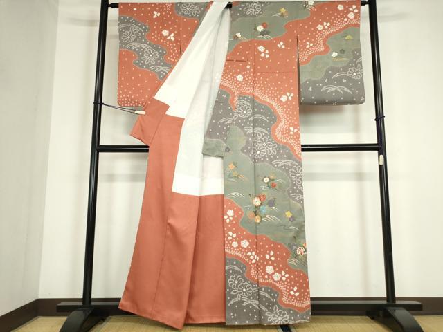 平和屋着物●訪問着　刺繍　絞り　道長花文　金糸　正絹　逸品　DABC3453az