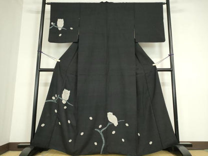 平和屋着物●訪問着　紬地　絞り　ふくろう　黒地　正絹　逸品　DABC3454az