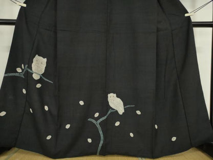 平和屋着物●訪問着　紬地　絞り　ふくろう　黒地　正絹　逸品　DABC3454az