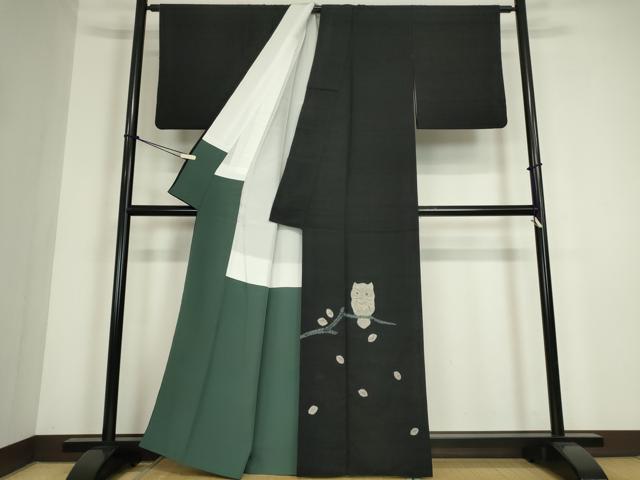 平和屋着物●訪問着　紬地　絞り　ふくろう　黒地　正絹　逸品　DABC3454az 平和屋着物○訪問着 紬地 絞り ふくろう 黒地 正絹 逸品 DABC3454az