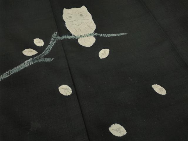 平和屋着物●訪問着　紬地　絞り　ふくろう　黒地　正絹　逸品　DABC3454az