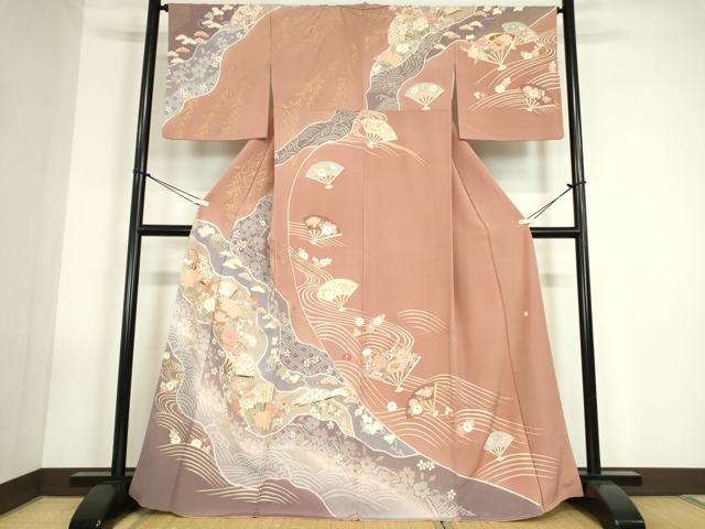 平和屋着物●訪問着　作家物　道長扇面牡丹文　金彩　正絹　逸品　DABC3455az