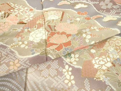 平和屋着物●訪問着　作家物　道長扇面牡丹文　金彩　正絹　逸品　DABC3455az