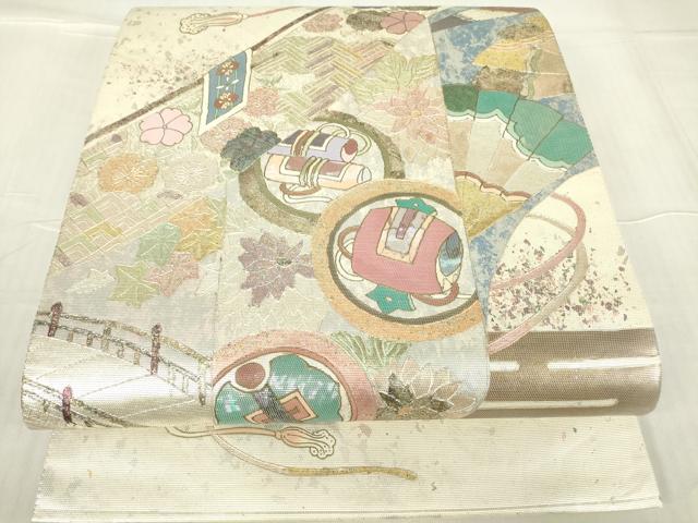 平和屋着物▼螺鈿匠 於利部寿名宝 六通柄袋帯 螺鈿箔 宝尽くし檜扇花文 金銀彩 正絹 逸品 DABC3460az
