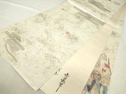 平和屋着物▼螺鈿匠 於利部寿名宝 六通柄袋帯 螺鈿箔 宝尽くし檜扇花文 金銀彩 正絹 逸品 DABC3460az