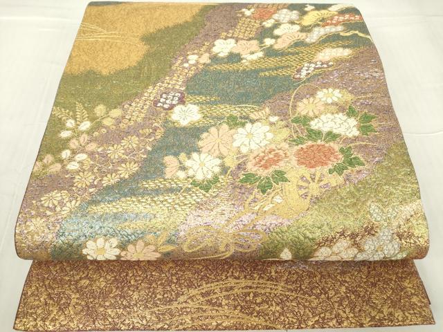 平和屋着物▼六通柄袋帯 花車文 金糸 正絹 逸品 DABC3468az