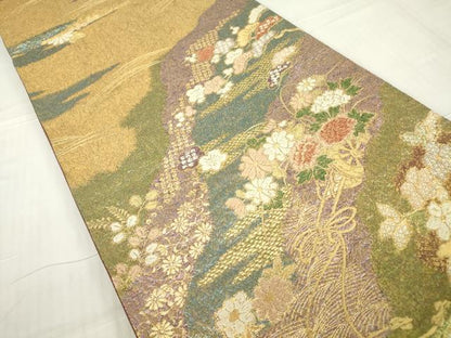 平和屋着物▼六通柄袋帯 花車文 金糸 正絹 逸品 DABC3468az