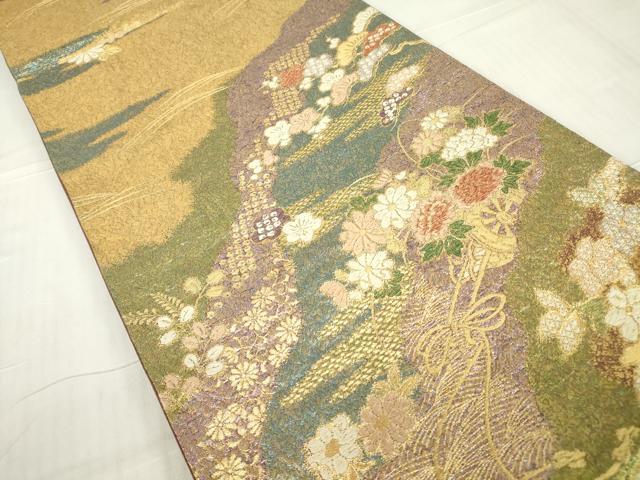 平和屋着物▼六通柄袋帯 花車文 金糸 正絹 逸品 DABC3468az