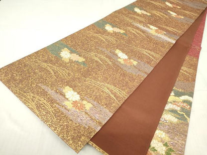 平和屋着物▼六通柄袋帯 花車文 金糸 正絹 逸品 DABC3468az