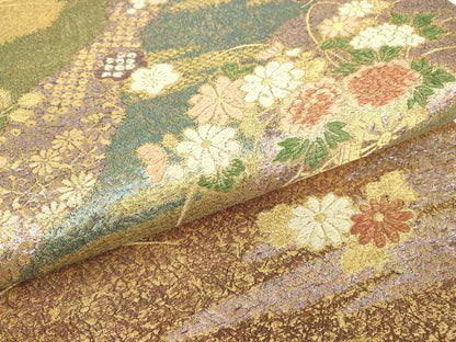 平和屋着物▼六通柄袋帯 花車文 金糸 正絹 逸品 DABC3468az